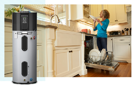 Person who saved on their hot water bill with a new high-efficiency heat pump water heater happily putting away dishes from their dishwasher